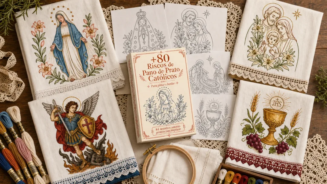 Kit de riscos católicos com panos prontos, folhas para imprimir e materiais de bordado
