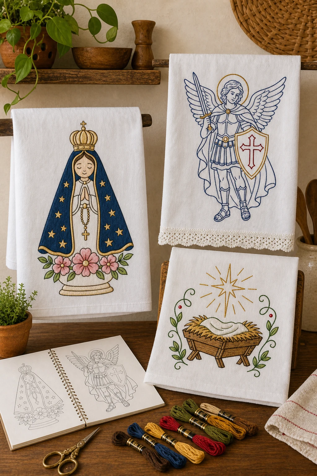 Três panos de prato católicos prontos, com riscos impressos e linhas de bordado